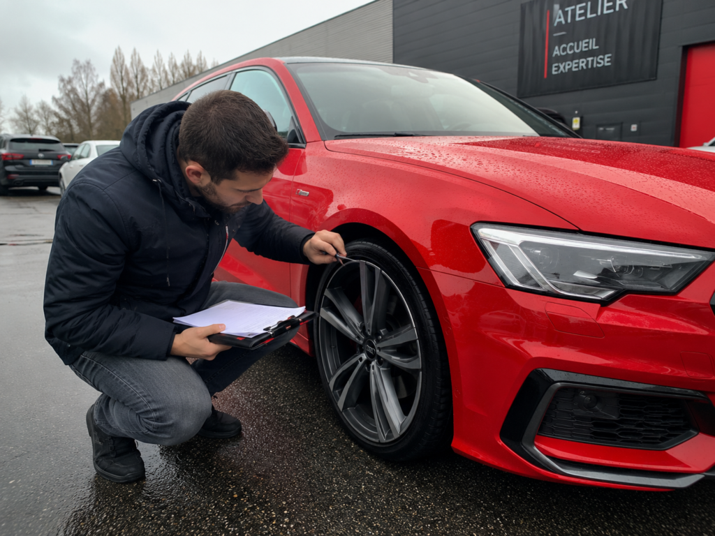 Expert automobile inspectant une voiture rouge avant une expertise ou une contre-expertise après un accident en Belgique.