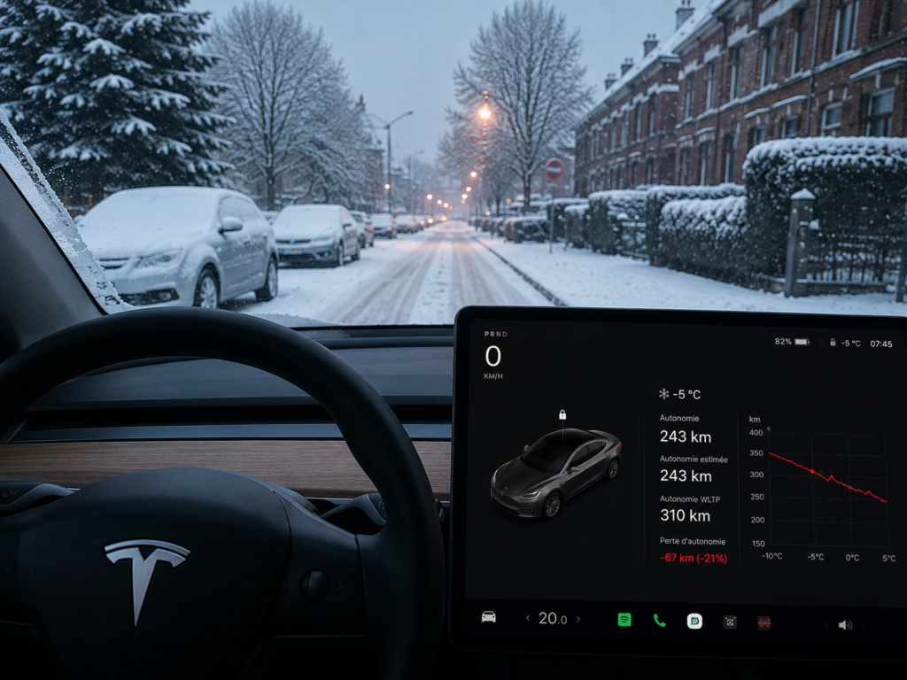 Voiture électrique recouverte de neige en cours de recharge par temps hivernal, illustrant la perte d'autonomie réelle en hiver en Belgique.