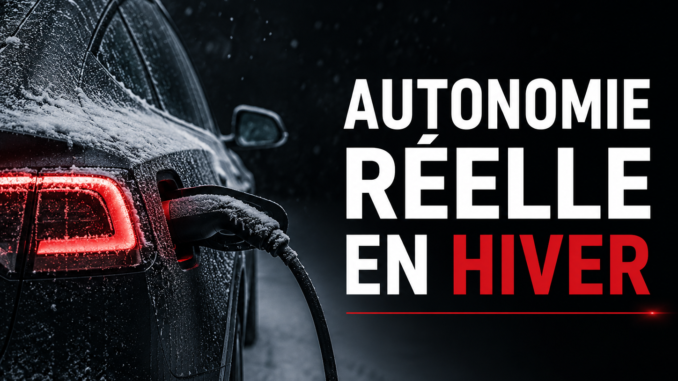 Autonomie réelle en hiver des Voiture électrique recouverte de givre en cours de recharge par temps froid, illustrant la perte d'autonomie en hiver.