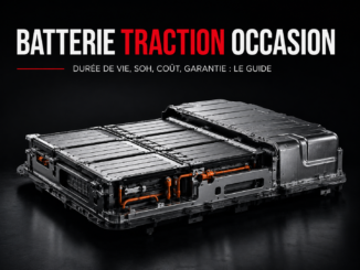 Batterie de traction d'occasion de voiture électrique présentée en studio, illustrant un guide sur la durée de vie, le SoH, la garantie et le coût de remplacement en Belgique.