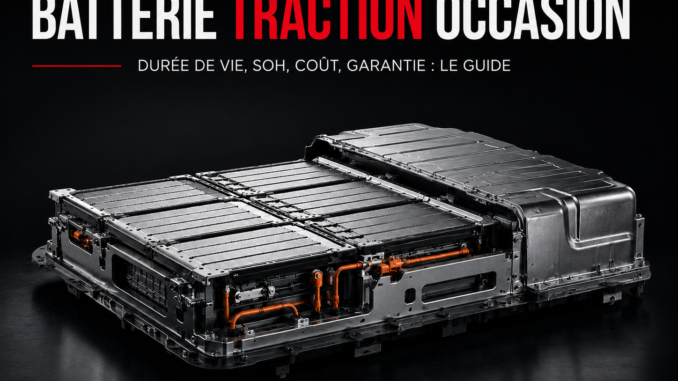 Batterie de traction d'occasion de voiture électrique présentée en studio, illustrant un guide sur la durée de vie, le SoH, la garantie et le coût de remplacement en Belgique.