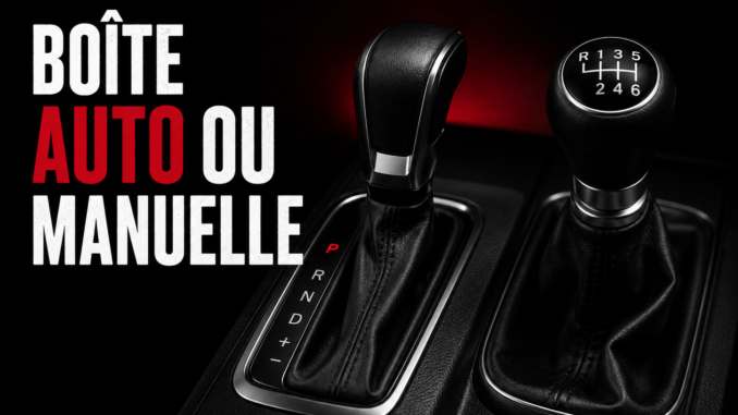 Comparaison entre une boîte automatique et une boîte manuelle sur une voiture d'occasion, avec les deux leviers de vitesses côte à côte sur fond sombre.