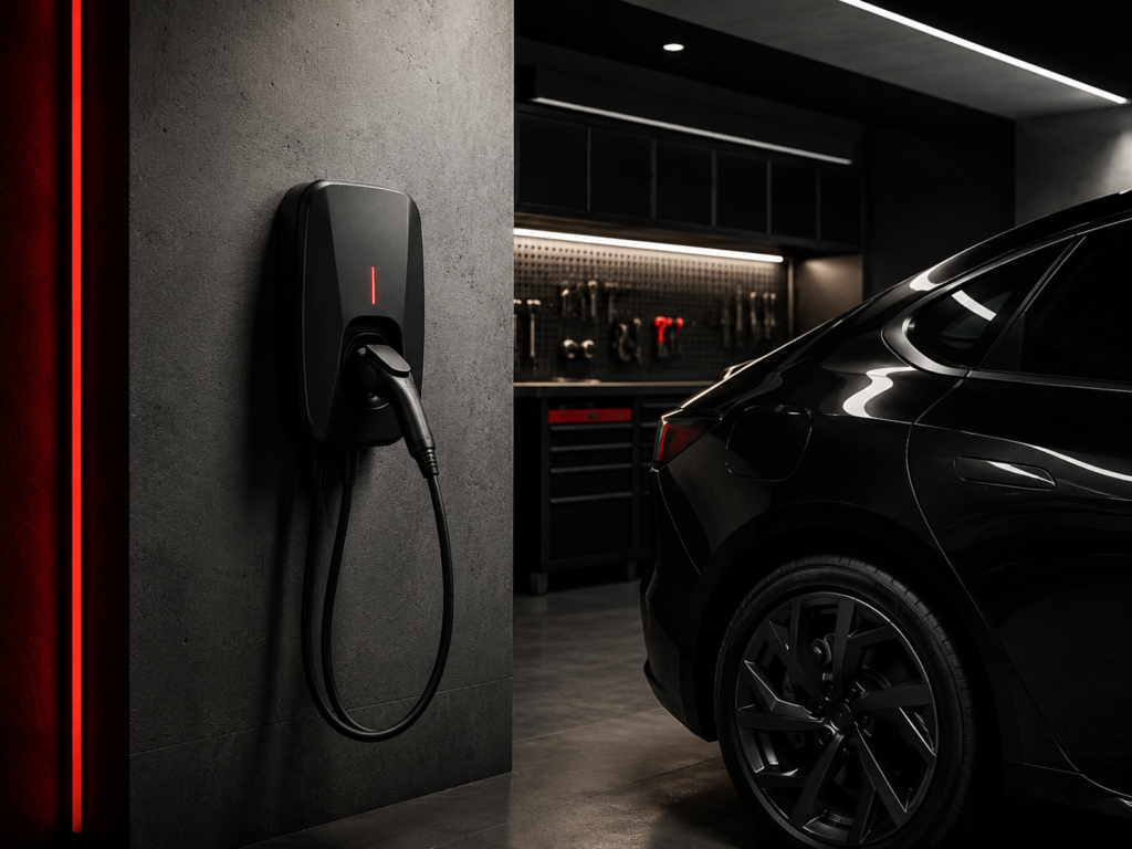Borne de recharge domestique installée dans un garage avec une voiture électrique, illustrant la recharge à domicile en Belgique.