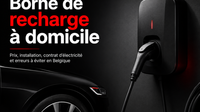Borne de recharge à domicile installée dans un garage en Belgique pour illustrer le coût d'installation, la recharge électrique et les économies possibles.