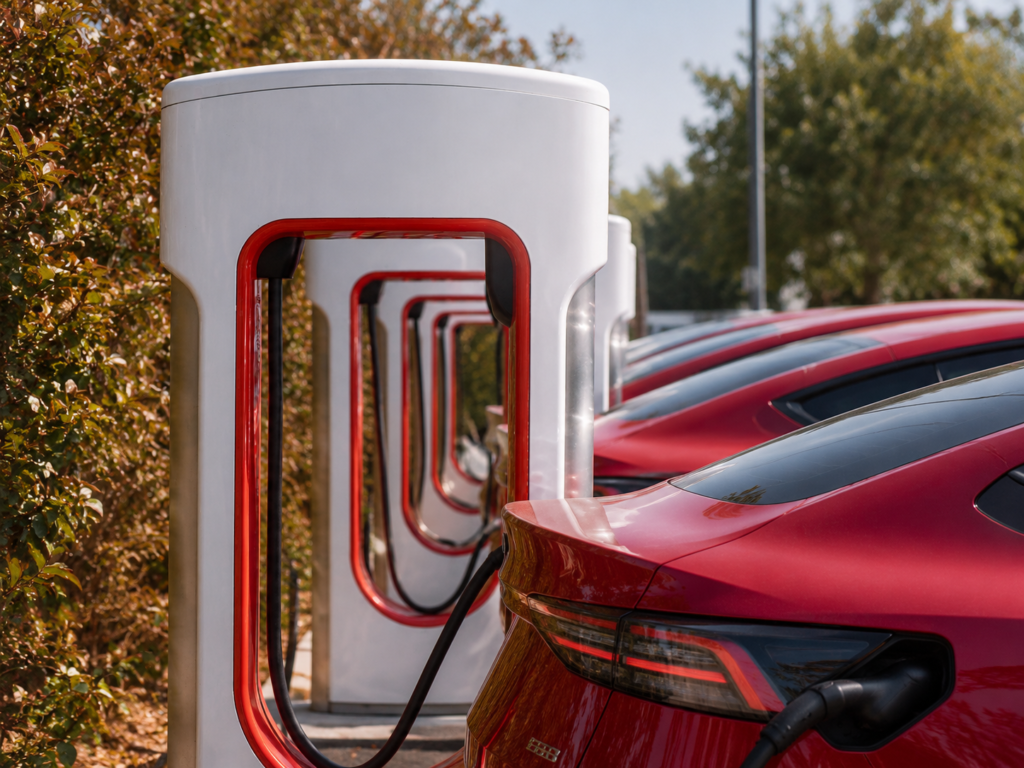 Rangée de bornes de recharge rapide avec plusieurs voitures électriques branchées sur une aire de recharge, illustrant un long trajet en Belgique.