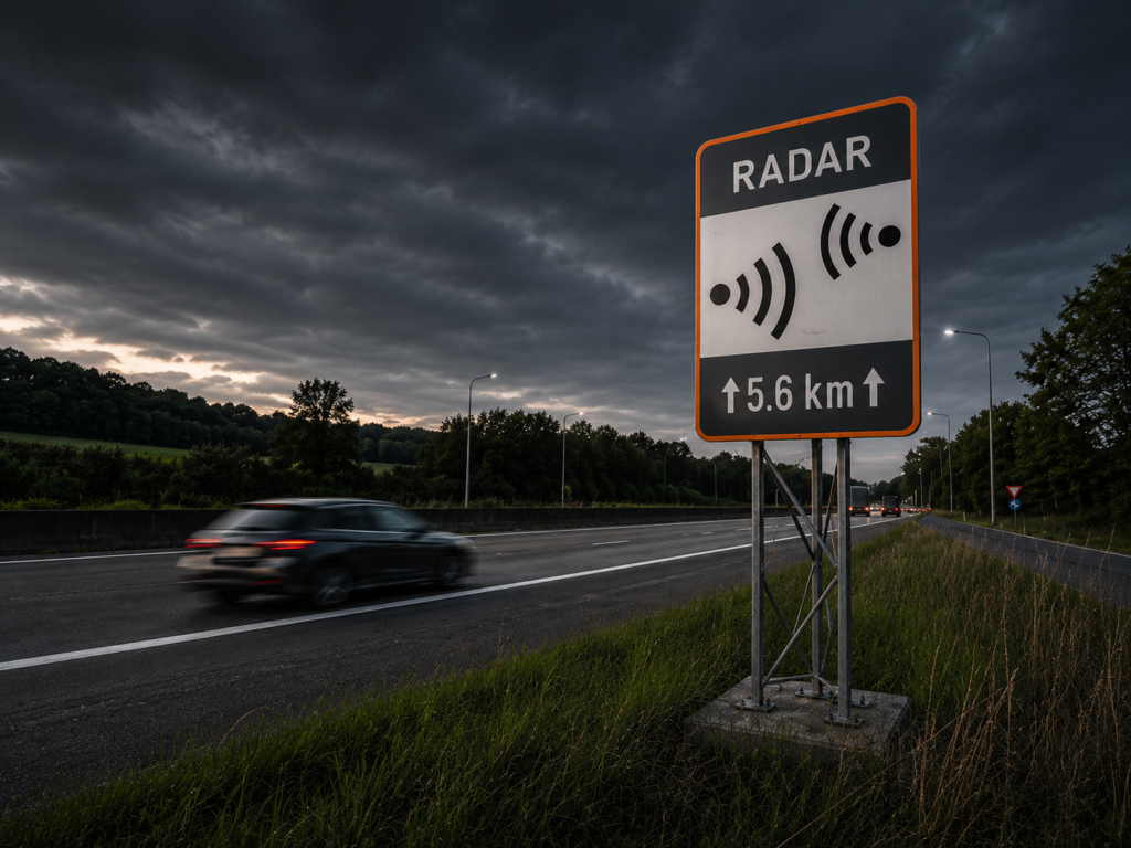 Radar tronçon installé sur une route belge avec véhicules en circulation et contrôle automatique de la vitesse moyenne.