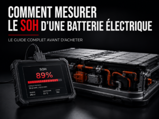 Mesure du SOH d'une batterie de voiture électrique avec un outil de diagnostic OBD devant un pack batterie de traction.