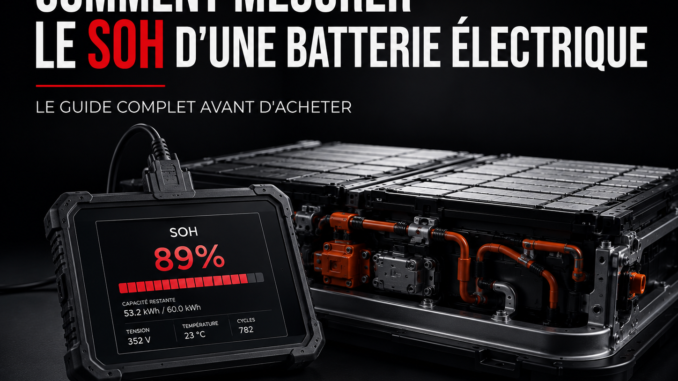Mesure du SOH d'une batterie de voiture électrique avec un outil de diagnostic OBD devant un pack batterie de traction.