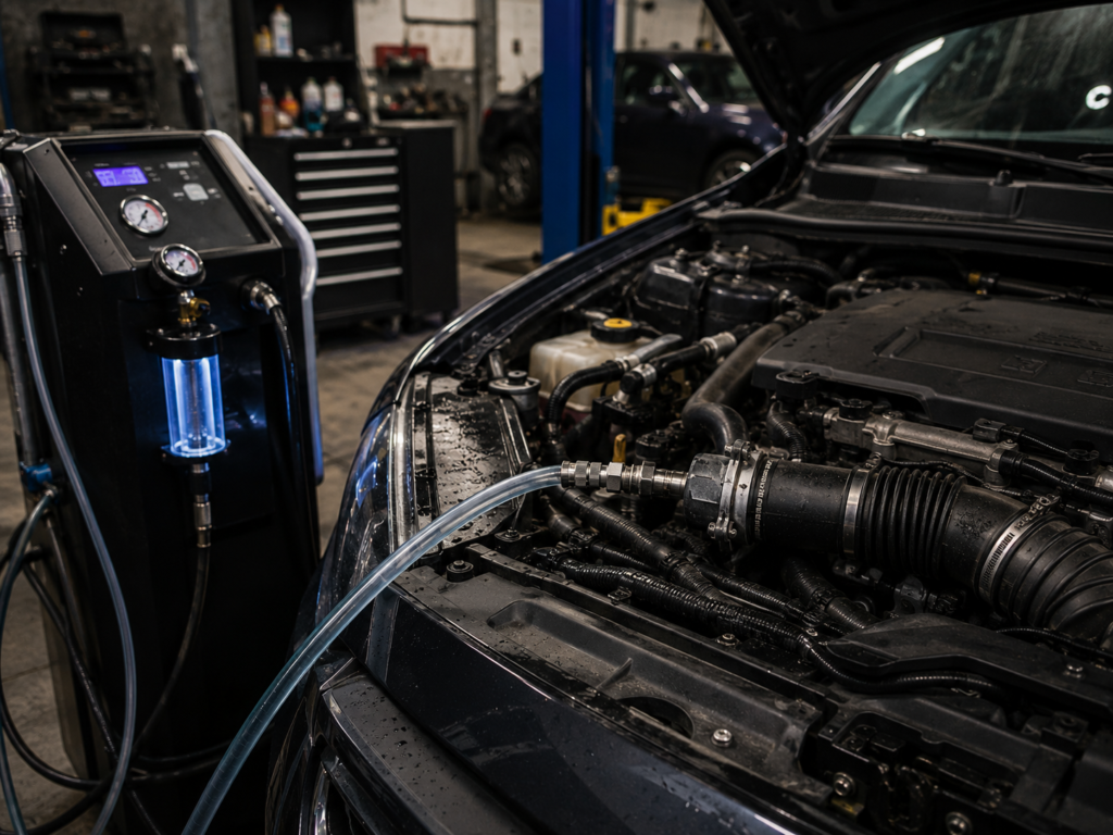 Décalaminage sur moteur diesel à l'hydrogène dans un garage belge, tuyau branché sur l'admission d'air d'un moteur tournant au ralent
i