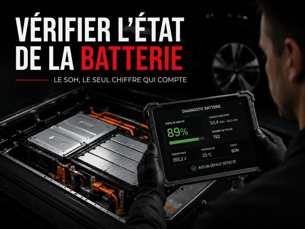 Technicien réalisant un diagnostic de l'état de santé (SoH) d'une batterie de traction de voiture électrique avant un achat d'occasion.
