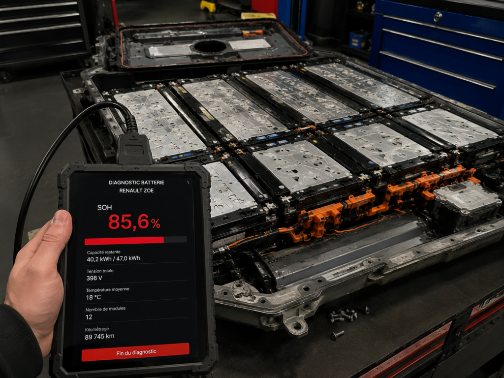 Technicien contrôlant l'état de santé (SOH) d'une batterie de Renault Zoé démontée à l'aide d'un outil de diagnostic dans un atelier spécialisé.