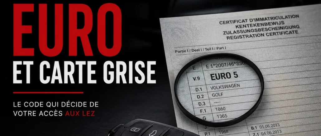 Carte grise belge avec la case V.9 indiquant la norme Euro 5, accompagnée d'une clé de voiture et d'une loupe illustrant la vérification de la norme Euro avant l'achat d'un véhicule d'occasion.