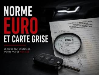 Carte grise belge avec la case V.9 indiquant la norme Euro 5, accompagnée d'une clé de voiture et d'une loupe illustrant la vérification de la norme Euro avant l'achat d'un véhicule d'occasion.