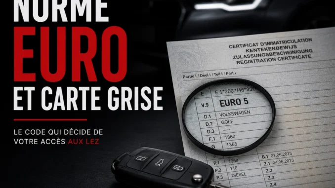 Carte grise belge avec la case V.9 indiquant la norme Euro 5, accompagnée d'une clé de voiture et d'une loupe illustrant la vérification de la norme Euro avant l'achat d'un véhicule d'occasion.