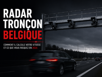 Radar tronçon sur autoroute en Belgique mesurant la vitesse moyenne des véhicules, illustration d'un article expliquant le fonctionnement des contrôles et les amendes 2026.