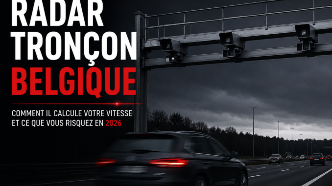 Radar tronçon sur autoroute en Belgique mesurant la vitesse moyenne des véhicules, illustration d'un article expliquant le fonctionnement des contrôles et les amendes 2026.