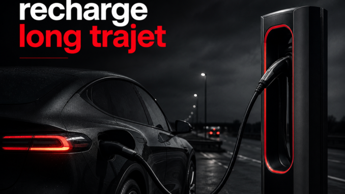 Voiture électrique en recharge rapide sur une borne haute puissance le long d'une autoroute en Belgique, illustrant la recharge sur long trajet.