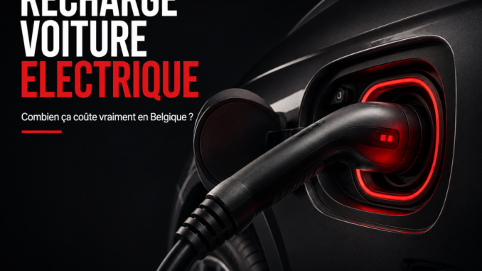 Recharge d'une voiture électrique sur une borne de recharge, illustration du coût de la recharge en Belgique à domicile et sur borne publique.