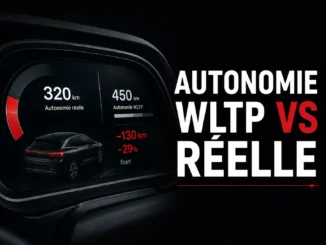 Tableau de bord d'une voiture électrique comparant l'autonomie WLTP et l'autonomie réelle, illustrant l'écart observé en conditions de conduite réelles.