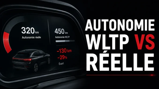 Tableau de bord d'une voiture électrique comparant l'autonomie WLTP et l'autonomie réelle, illustrant l'écart observé en conditions de conduite réelles.