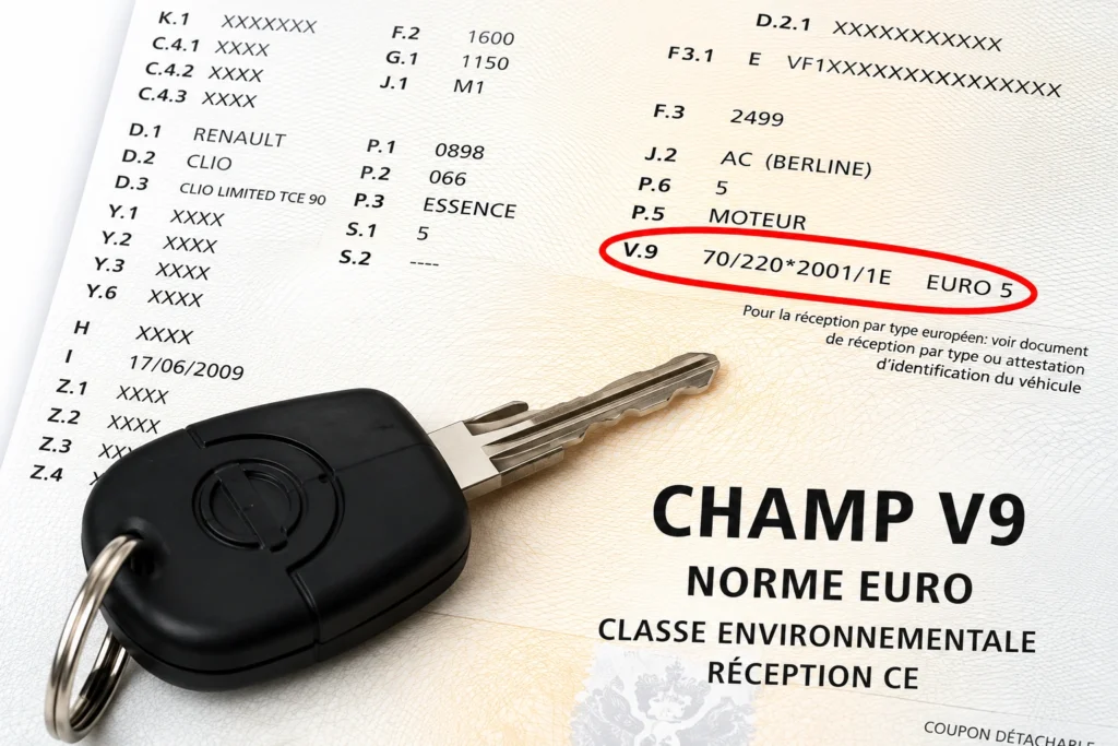 Zoom sur la case V.9 d'une carte grise belge indiquant la norme Euro d'un véhicule, avec une clé de voiture au premier plan pour illustrer la vérification avant un achat d'occasion.