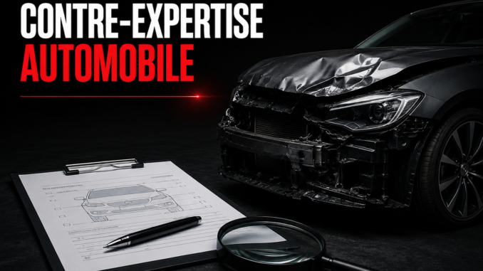 Contre-expertise automobile en Belgique avec véhicule accidenté, dossier d'expertise et loupe illustrant la contestation d'une expertise après un sinistre.