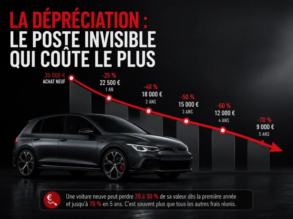 Illustration montrant la dépréciation d'une voiture neuve en Belgique avec une courbe de perte de valeur sur cinq ans et un véhicule sombre en arrière-plan.