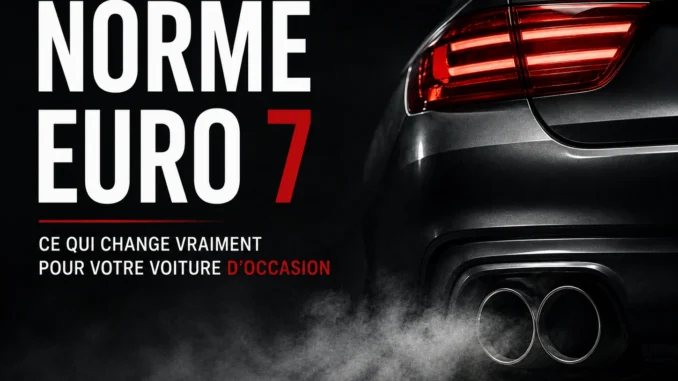 Vue arrière d'une voiture avec double sortie d'échappement et le titre « Norme Euro 7 », illustrant les nouvelles normes européennes et leur influence sur le marché de l'occasion.