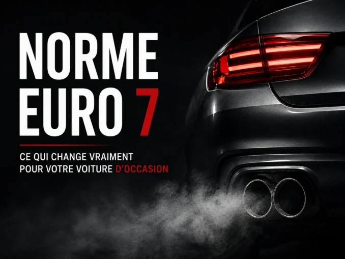 Vue arrière d'une voiture avec double sortie d'échappement et le titre « Norme Euro 7 », illustrant les nouvelles normes européennes et leur influence sur le marché de l'occasion.