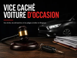 https://300000km.be/vice-cache-voiture-doccasion-en-belgique avec marteau de juge, clé de voiture et véhicule en arrière-plan