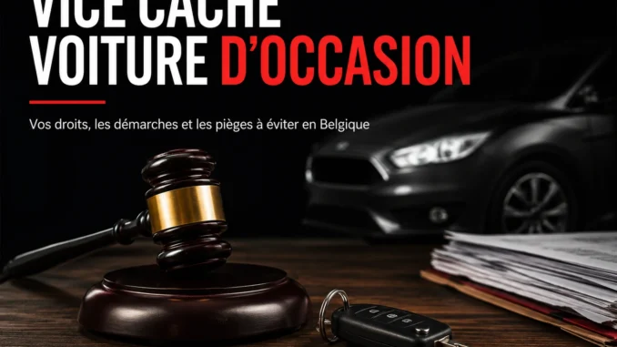 https://300000km.be/vice-cache-voiture-doccasion-en-belgique avec marteau de juge, clé de voiture et véhicule en arrière-plan